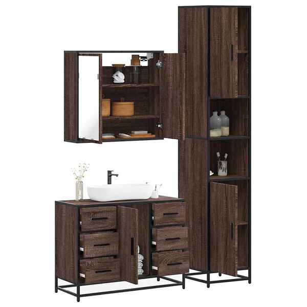 vidaXL Bathroom Furniture Set Brown Oak Engineered Wood, Metal, Glass