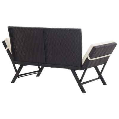 Back view of dark wicker loveseat showing frame and arms