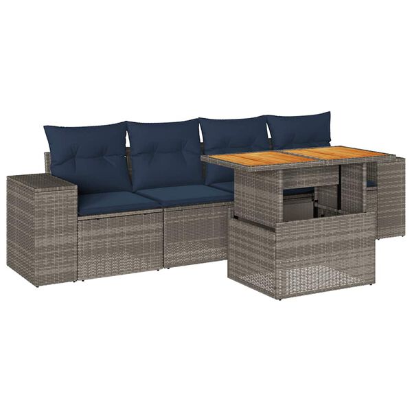 vidaXL 5 Piece Patio Sofa Set with Cushions Gray Poly Rattan
