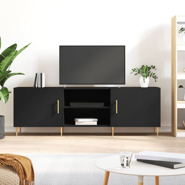 vidaXL TV Cabinet with Shelf with Storage with Door Black Medium Engineered wood, Iron
