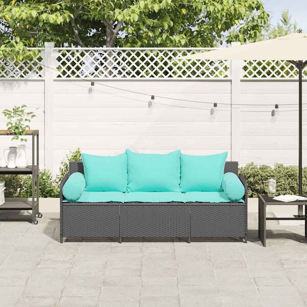 vidaXL Patio Sofa with Cushions 3-Seater Black Poly Rattan