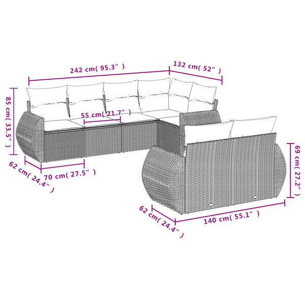 vidaXL Garden Sofa Set Grey PE rattan, powder-coated steel, polyester