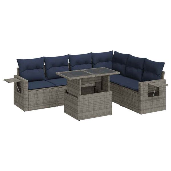 vidaXL 7 Piece Patio Sofa Set with Cushions Gray Poly Rattan
