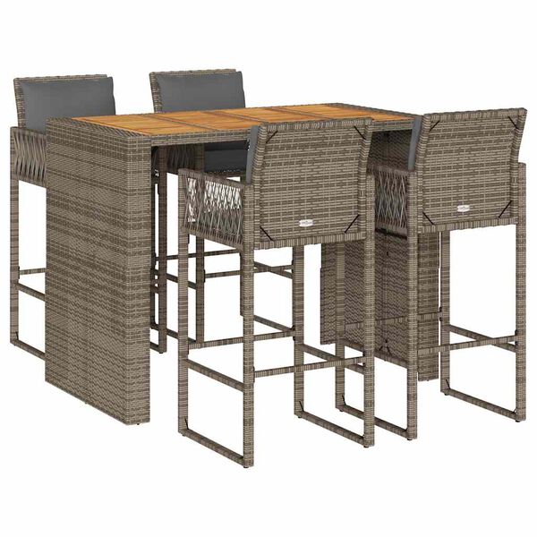 vidaXL Garden Bar Set Grey PE Rattan, Powder-Coated Steel, Solid Acacia Wood