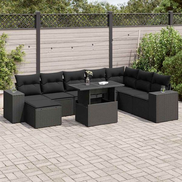 vidaXL Garden Sofa Set Black PE rattan, powder-coated steel, tempered glass