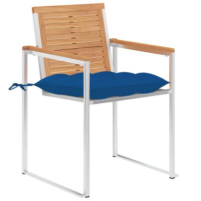 Close-up of a single wooden chair with blue cushion tied to the seat