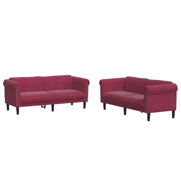 vidaXL Sofa Set Wine red Velvet (100% polyester), plywood, solid wood