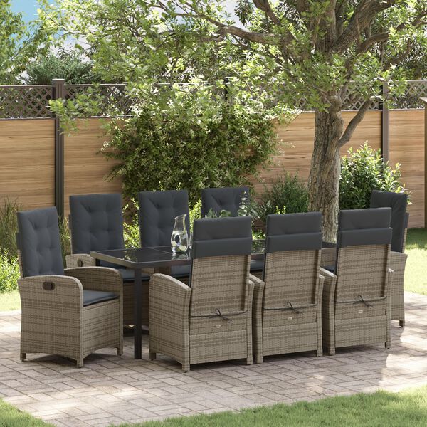 vidaXL Garden Dining Set with Cushion 9 pcs Grey Poly Rattan