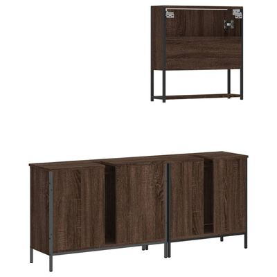 Wide view of a dark wood bathroom storage unit with a tall wall cabinet above and a low, long cabinet below.