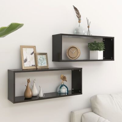 vidaXL Wall Cube Shelves 2 pcs High Gloss Black 23.6"x5.9"x9.1" Engineered Wood