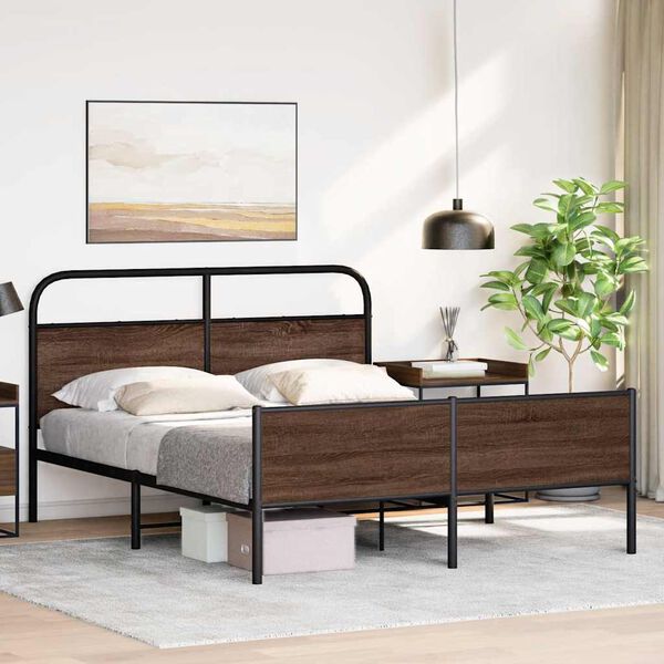 vidaXL Bed Frame Brown Oak Steel, Engineered Wood 63x79 in Bed Frame