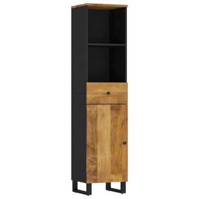 Slim tall cabinet with wood doors and black body; open shelf and a drawer near top.