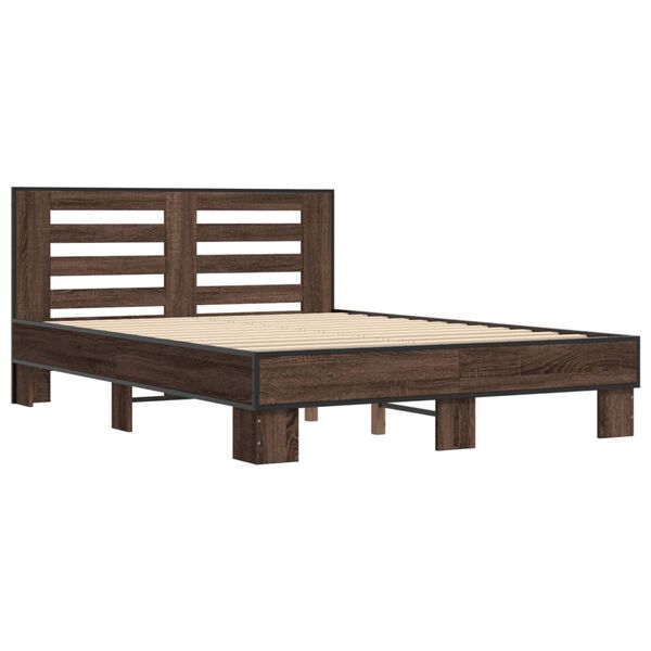vidaXL Bed Frame Brown Oak Engineered Wood, Metal, Plywood Double Modern