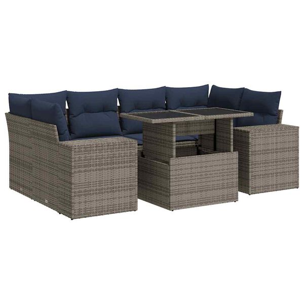 vidaXL 7 Piece Patio Sofa Set with Cushions Gray Poly Rattan Acacia