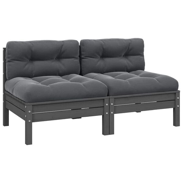 vidaXL 2-seater Garden Sofa 2 Pack Grey Solid Pine Wood, 100% Polyester