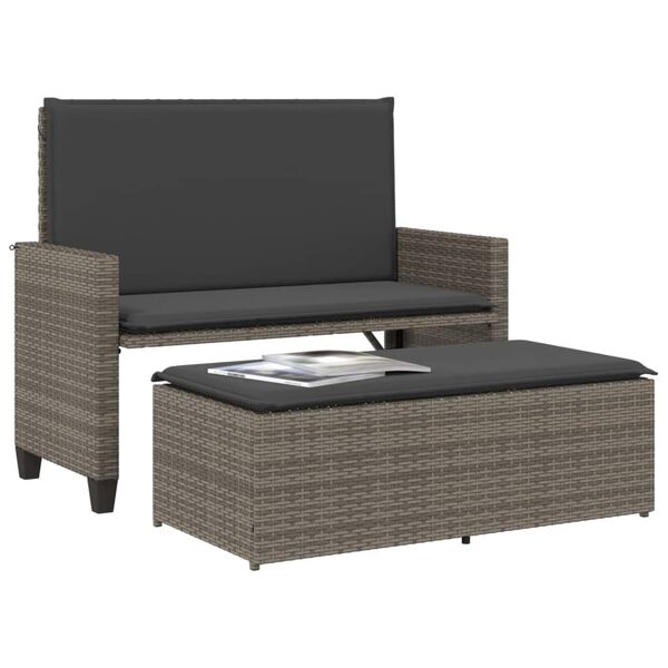 vidaXL Garden Bench Grey PE rattan 2-seater Convertible