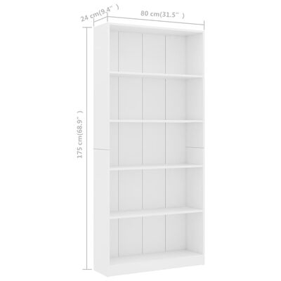 vidaXL 5-Tier Book Cabinet White 31.5"x9.4"x68.9" Engineered Wood