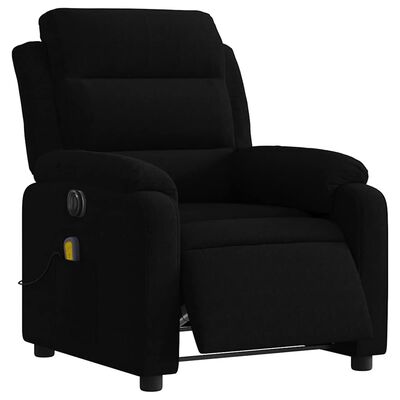 Close-up of black reclining armchair showing armrest and side panel with yellow and black control pocket