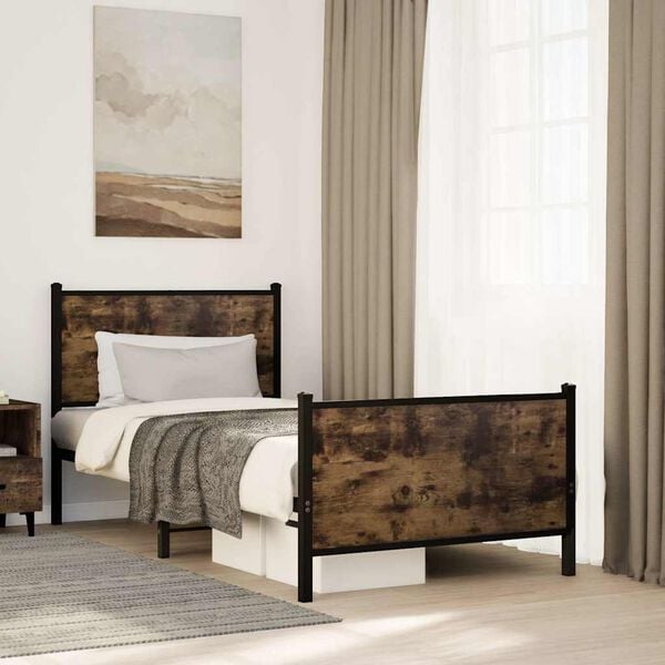 vidaXL Bed Frame Smoked Oak Steel, engineered wood Twin Bed Frame