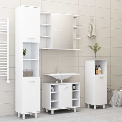 Complete white bathroom furniture set including tall storage unit, mirror cabinet, sink console with shelves, and a separate cabinet.