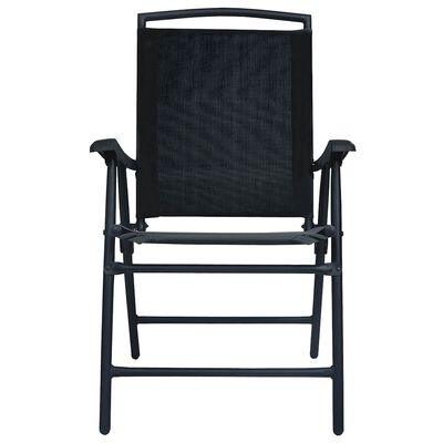 Front-facing view of a single black folding chair showing the seat and back.