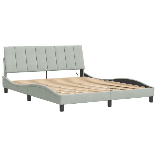 vidaXL Bed Frame with LED without Mattress "Hanko" Light Gray 59.8"x79.9" Velvet