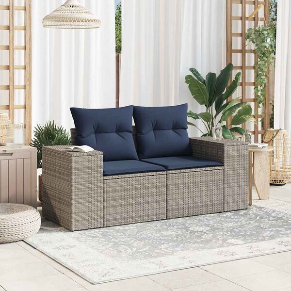 vidaXL Patio Sofa with Cushions 2-Seater Gray Poly Rattan