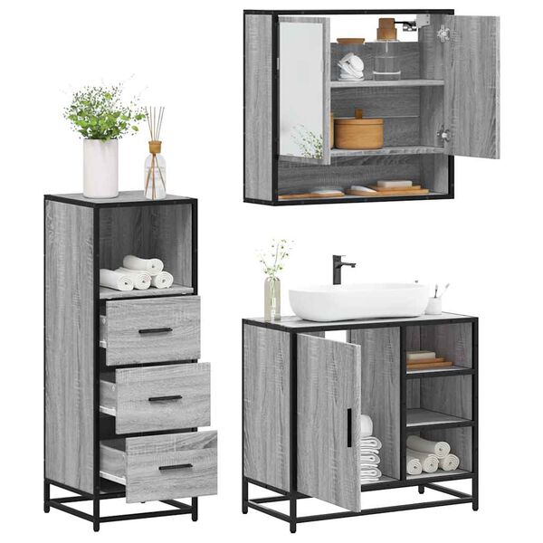vidaXL Bathroom Furniture Set Grey Sonoma Engineered wood, metal, glass