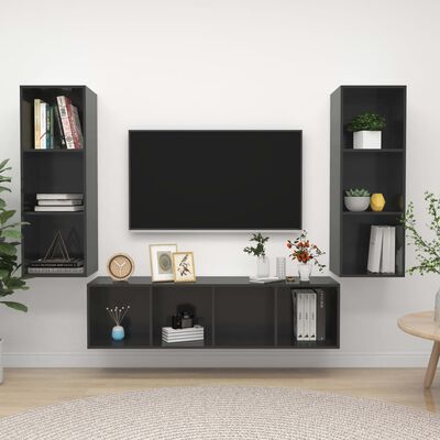 vidaXL 3 Piece TV Cabinet Set High Gloss Gray Engineered Wood