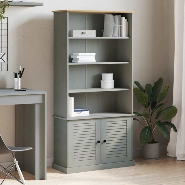 vidaXL Bookcase Grey Solid pine wood, engineered wood, metal Tall