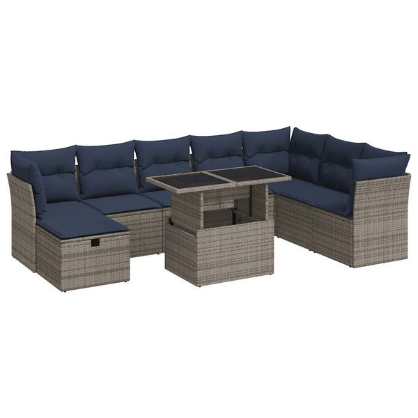 vidaXL 9 Piece Patio Sofa Set with Cushions Gray Poly Rattan Acacia
