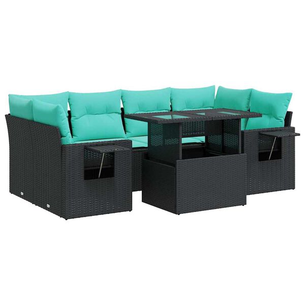 vidaXL 7 Piece Patio Sofa Set with Cushions Black Poly Rattan Acacia