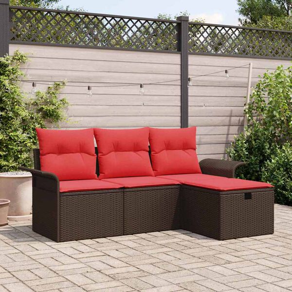 vidaXL Garden Sofa Set with Cushion 4 pcs Brown and Red Poly Rattan