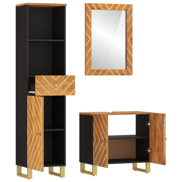 vidaXL 3 Piece Bathroom Cabinet Set Brown and Black Solid Wood Mango