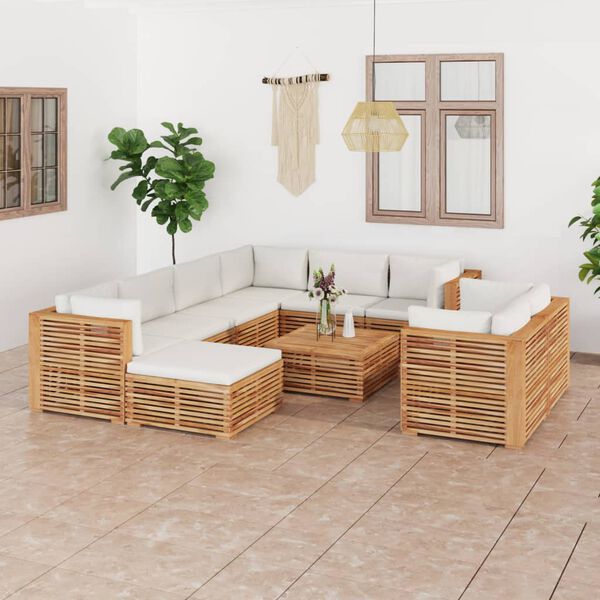 vidaXL 10 Piece Patio Lounge Set with Cream Cushion Solid Teak Wood