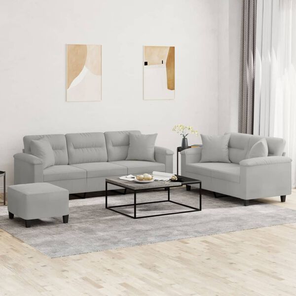 vidaXL 3 Piece Sofa Set with Pillows Light Gray Microfiber Fabric
