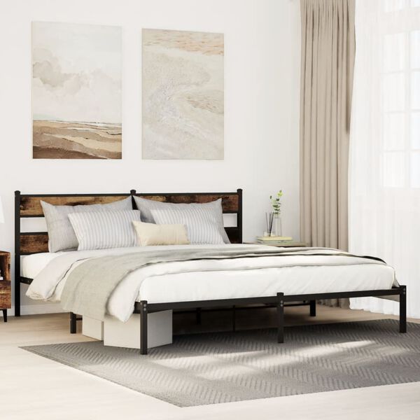 vidaXL Bed Frame Black, Smoked Oak Iron, Engineered Wood Full Bed Frame