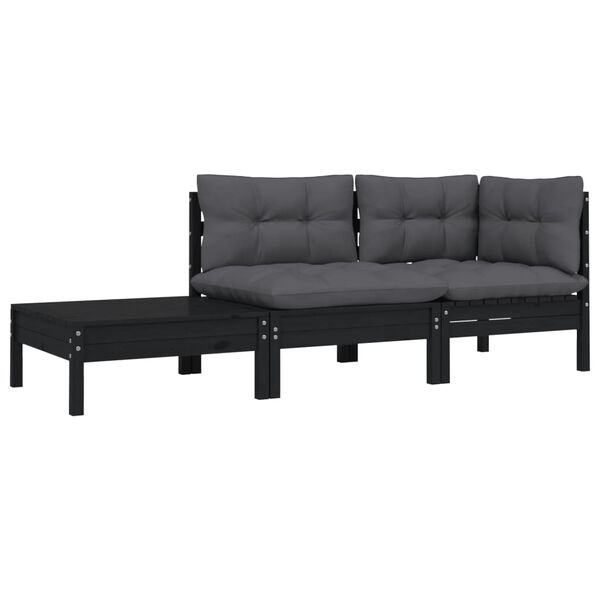 vidaXL Garden Lounge Set Set of 3 Black Solid pinewood, 100% polyester