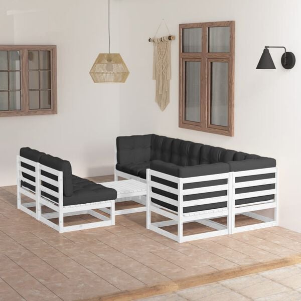 vidaXL Garden Lounge Set White Solid pine wood, fabric (100% polyester)