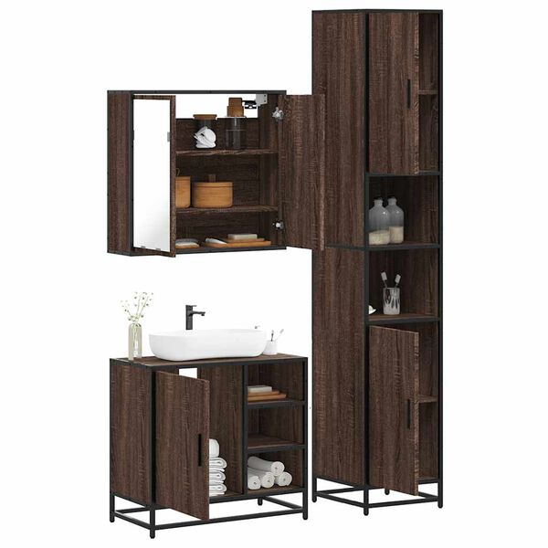 vidaXL Bathroom Furniture Set Brown Oak Engineered Wood, Metal, Glass Tall