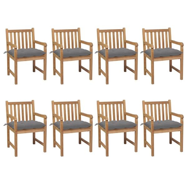 vidaXL Patio Chairs 8 pcs with Gray Cushions Solid Teak Wood
