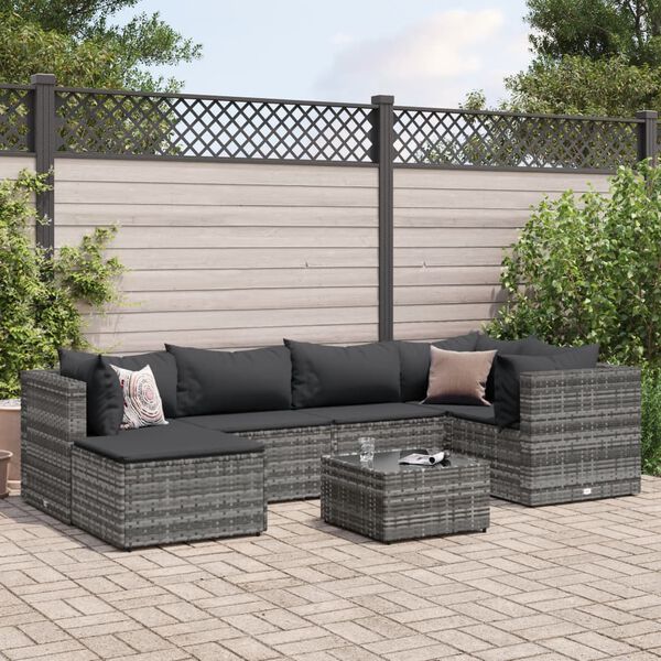 vidaXL Patio Lounge Set Gray PE rattan, powder-coated steel, tempered glass