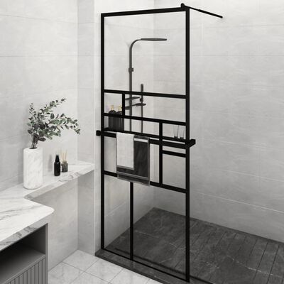 vidaXL Walk-in Shower Wall with Shelf Black 31.5"x76.8" ESG Glass&Aluminum