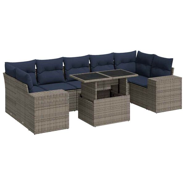 vidaXL 8 Piece Patio Sofa Set with Cushions Gray Poly Rattan Acacia
