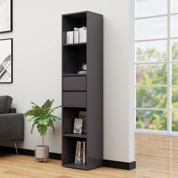 vidaXL Book Cabinet High Gloss Gray 14.2"x11.8"x67.3" Engineered Wood