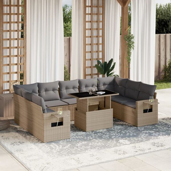 vidaXL Garden Sofa Set Beige PE Rattan 10 Piece Set Adjustable Armrests