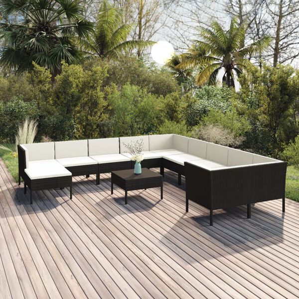 vidaXL Garden Lounge Set Black PE Rattan, Cream White Cushions