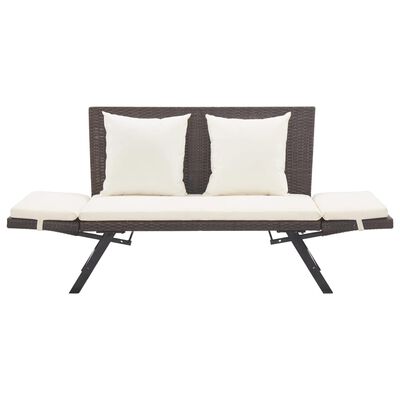 Brown wicker outdoor sofa with multiple seat cushions and metal legs
