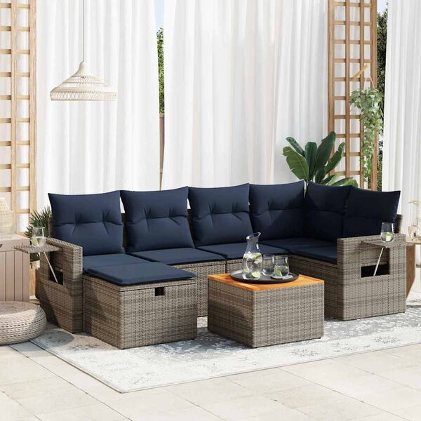 vidaXL 7 Piece Patio Sofa Set with Cushions Gray Poly Rattan