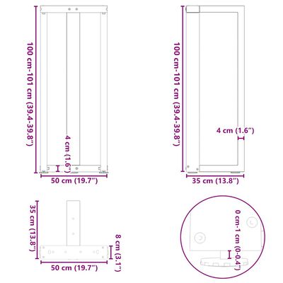 Technical schematic of table dimensions: multiple views with measurements for height, width, and mounting options.